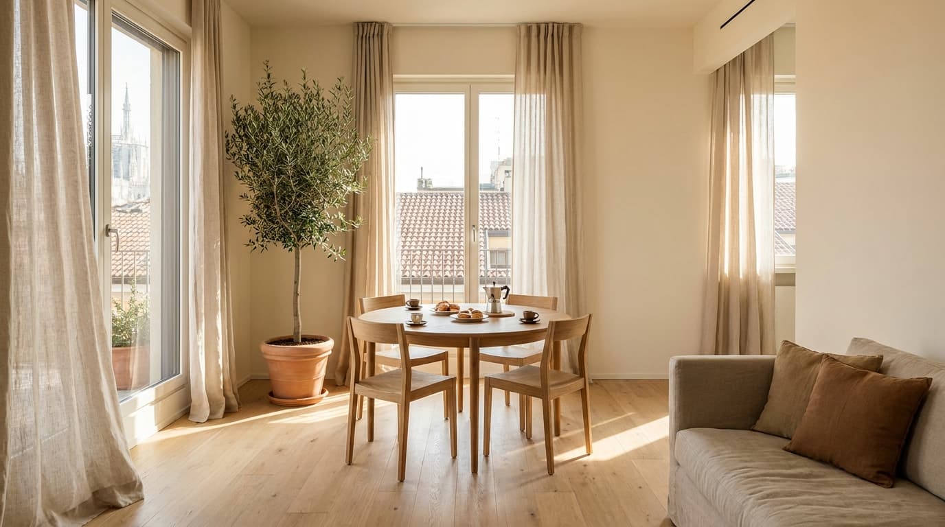 Interno luminoso di un appartamento italiano con tavolo apparecchiato, piante e luce naturale